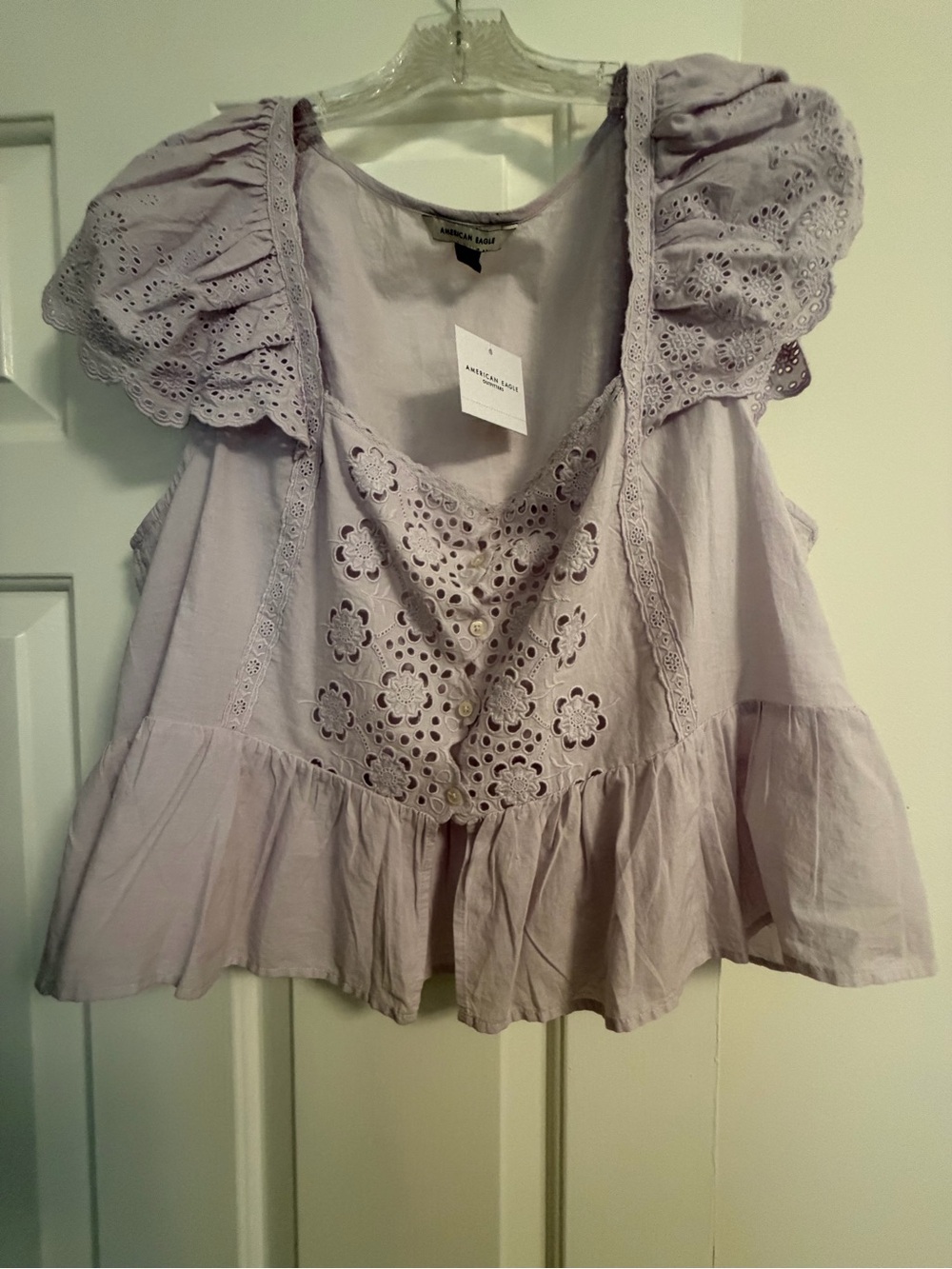 American Eagle Outfitters Light Lavender Eyelet Peplum Flutter Top